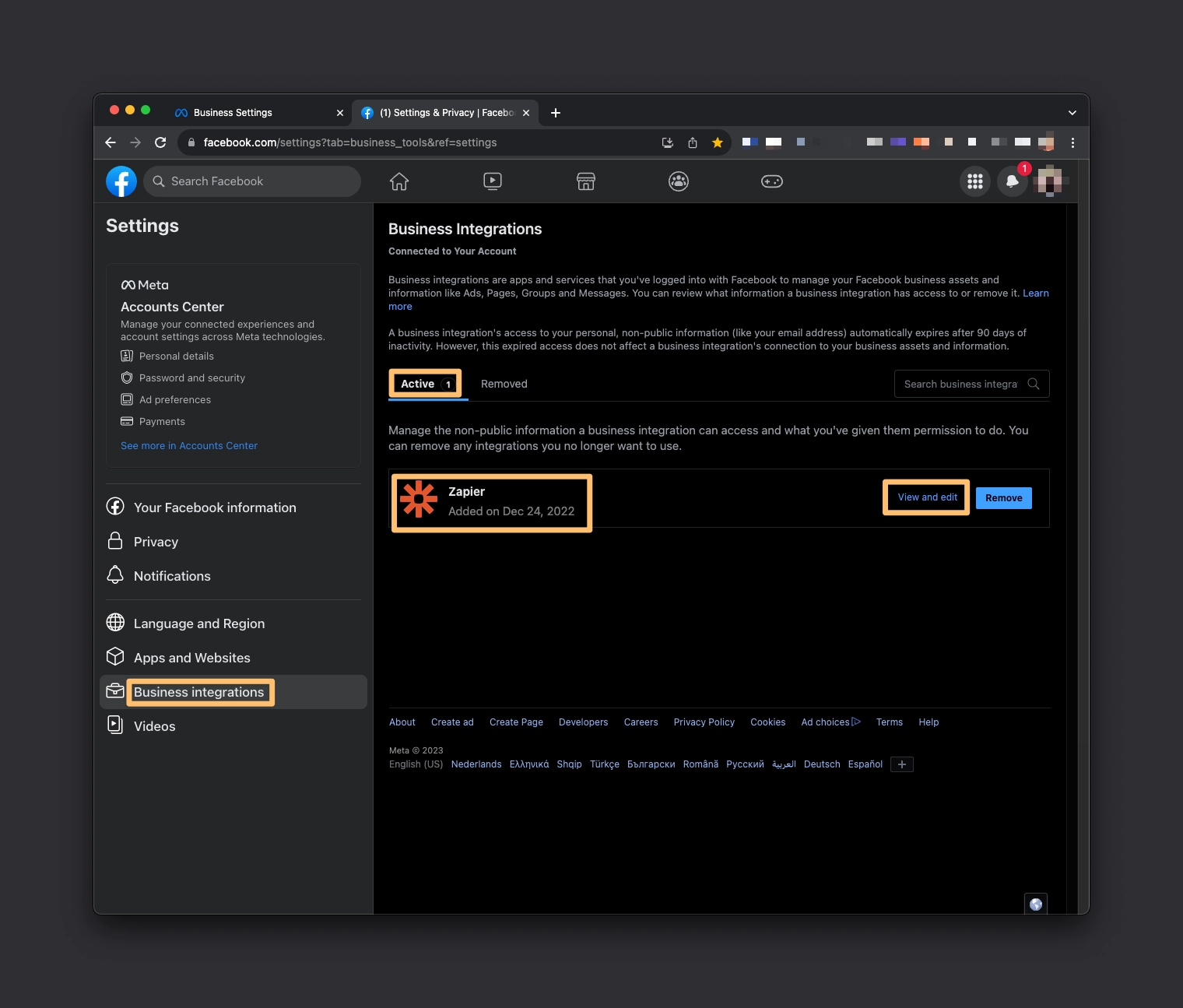 Adjust business integration settings